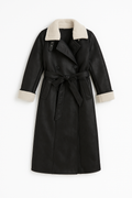 Black Long Coat with Shearling Collar and Belt