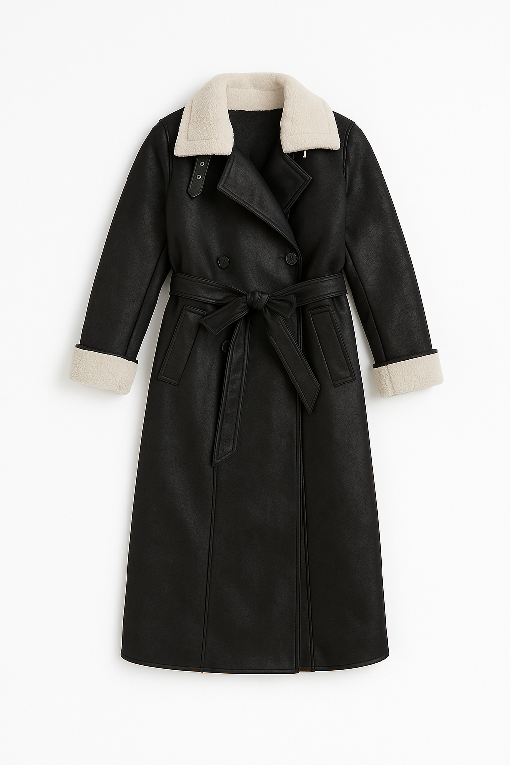 Black Long Coat with Shearling Collar and Belt