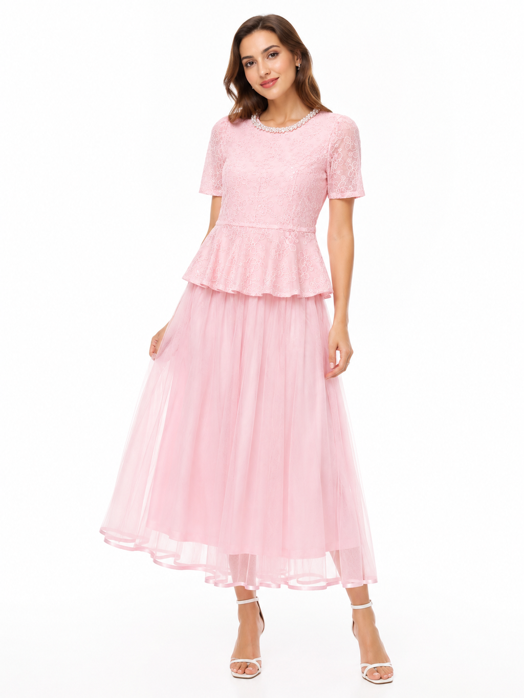 Blush pink embroidered lace peplum top & tulle midi skirt set