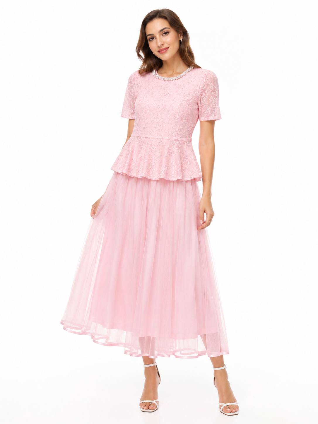Blush pink embroidered lace peplum top & tulle midi skirt set