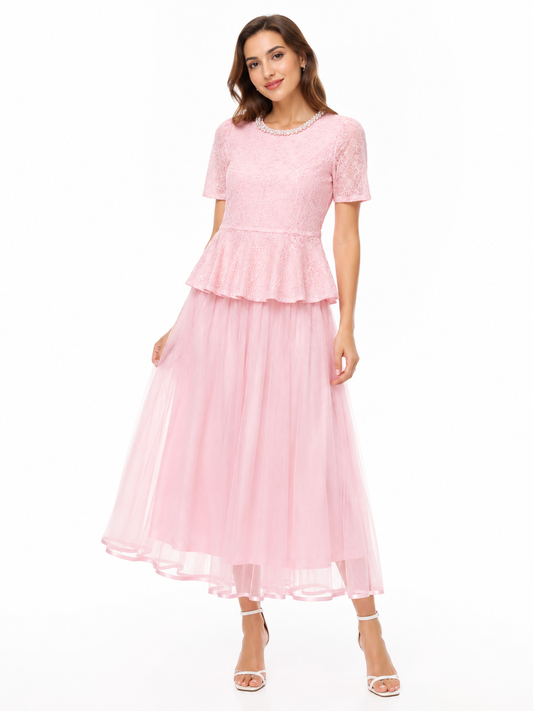Blush pink embroidered lace peplum top & tulle midi skirt set