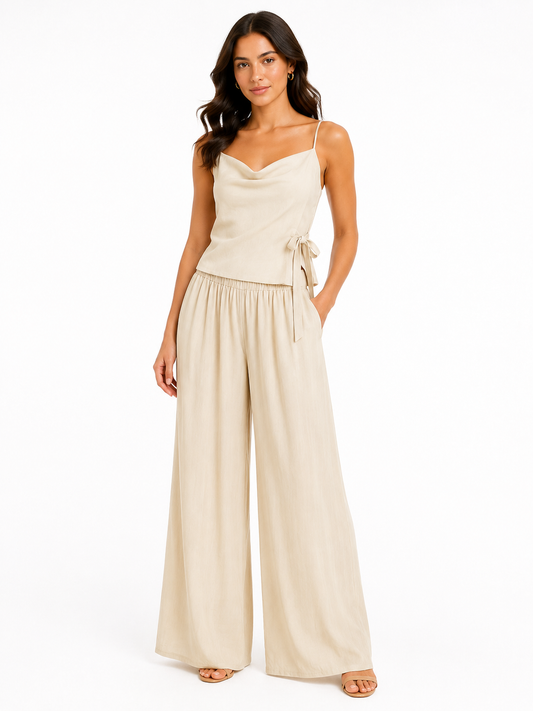 Women beige linen wide-leg pants