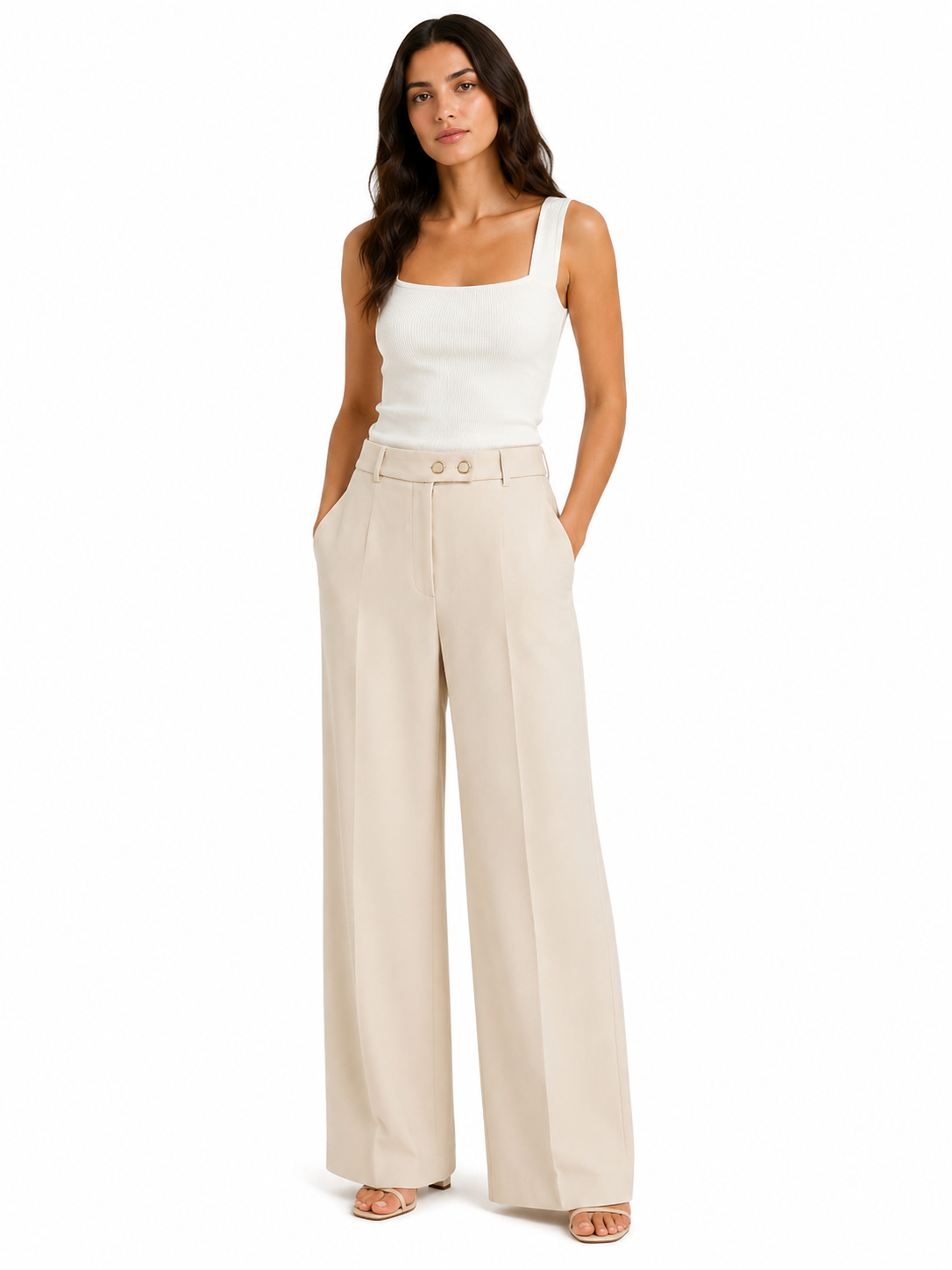 Cream double-button wide-leg pants