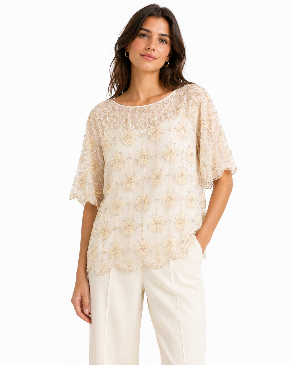 Women embellished floral mesh blouse-champagne beige