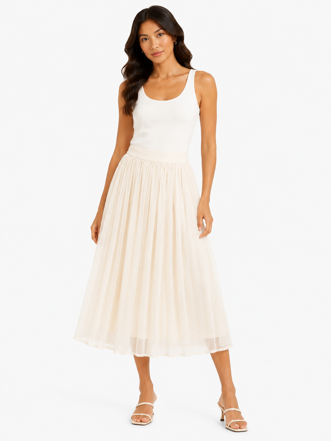 Elegant cream pleated midi skirt