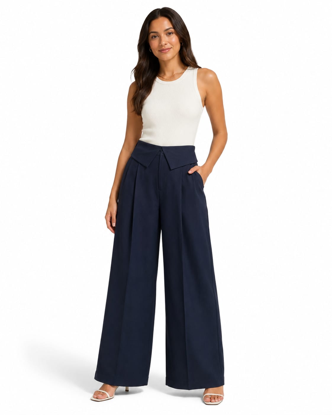 Navy high-waisted Wide-leg Tailored Trousers