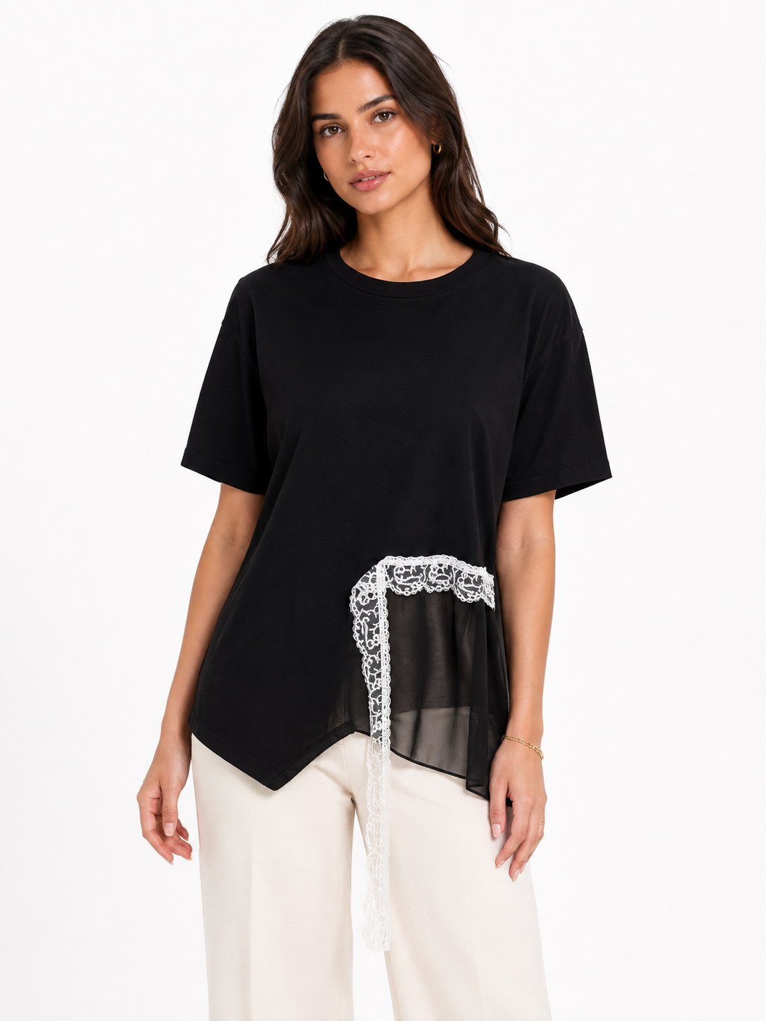 Black asymmetric lace-trim t-shirt