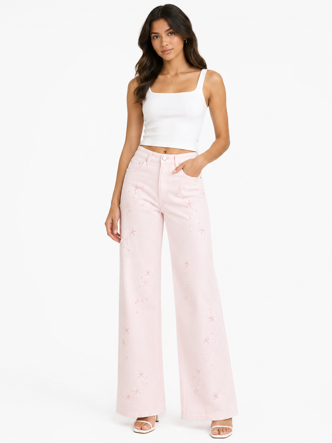 Blush blossom embellished wide-leg pants