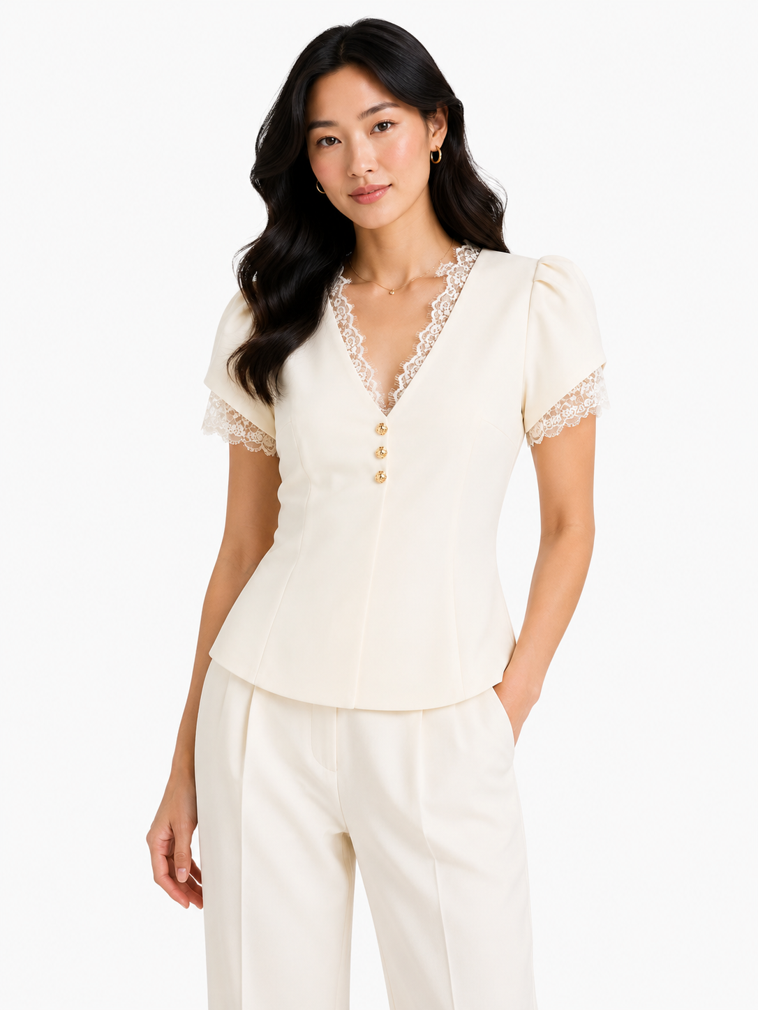 Women lace trim v-neck blouse