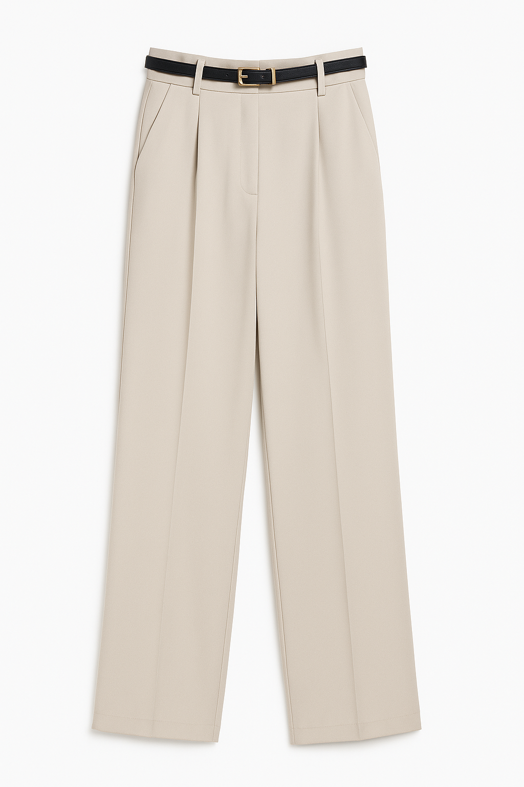 Beige Tailored Trousers with Black Belt