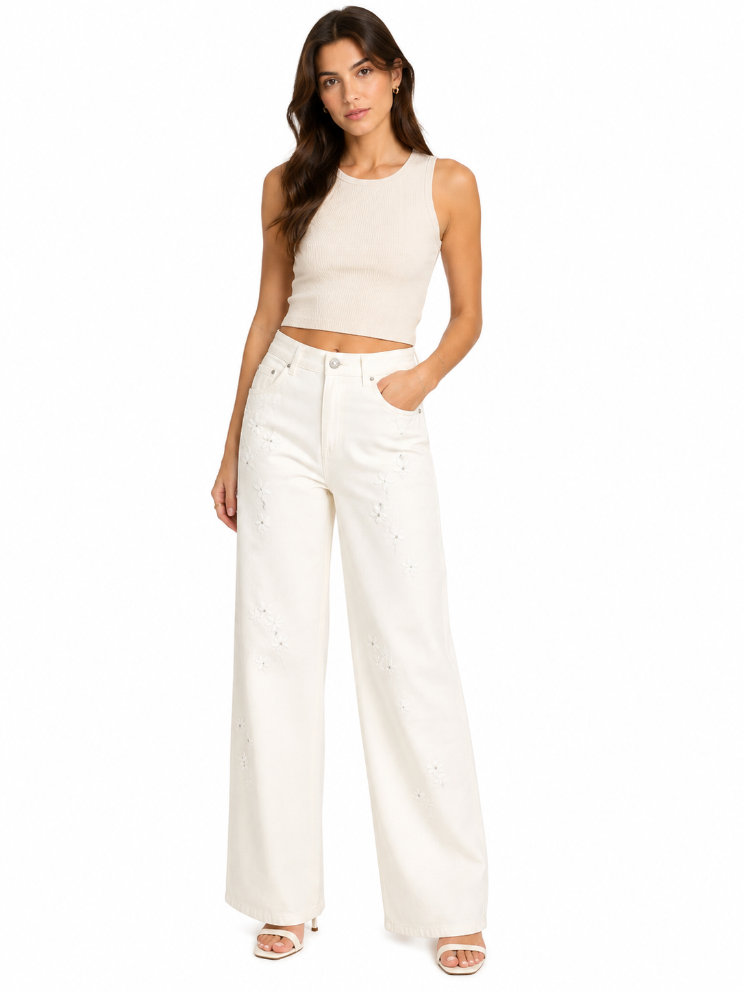Embellished white wide-leg pants