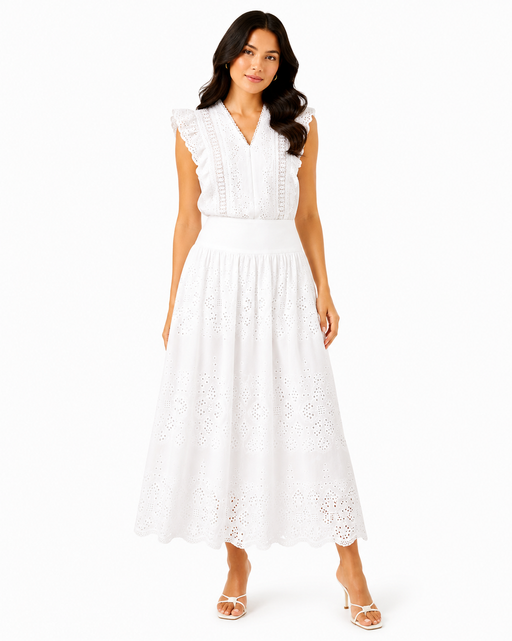 Women’s White Eyelet Lace Blouse & Midi Skirt Set