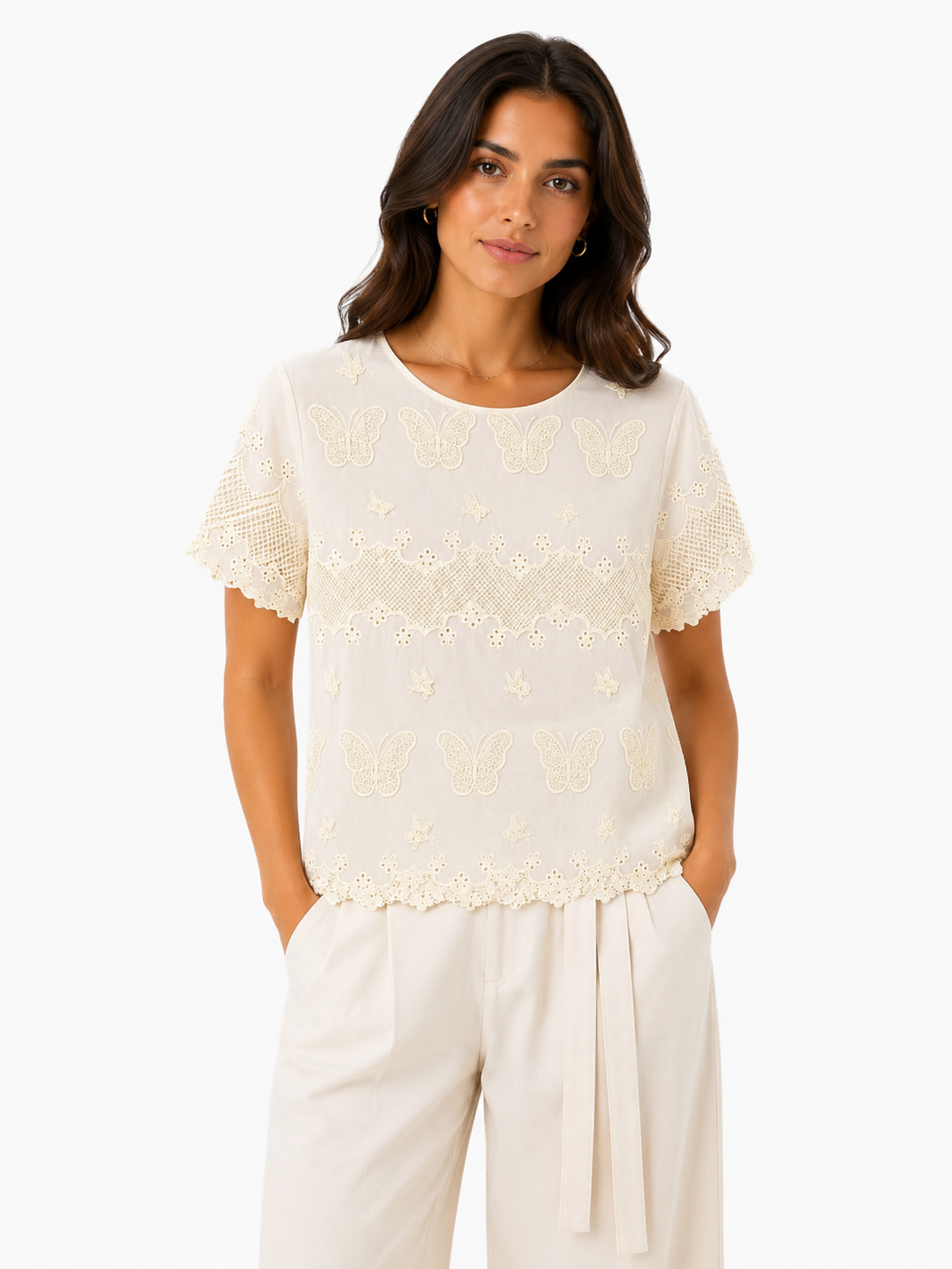 Women butterfly embroidered lace blouse-ivory