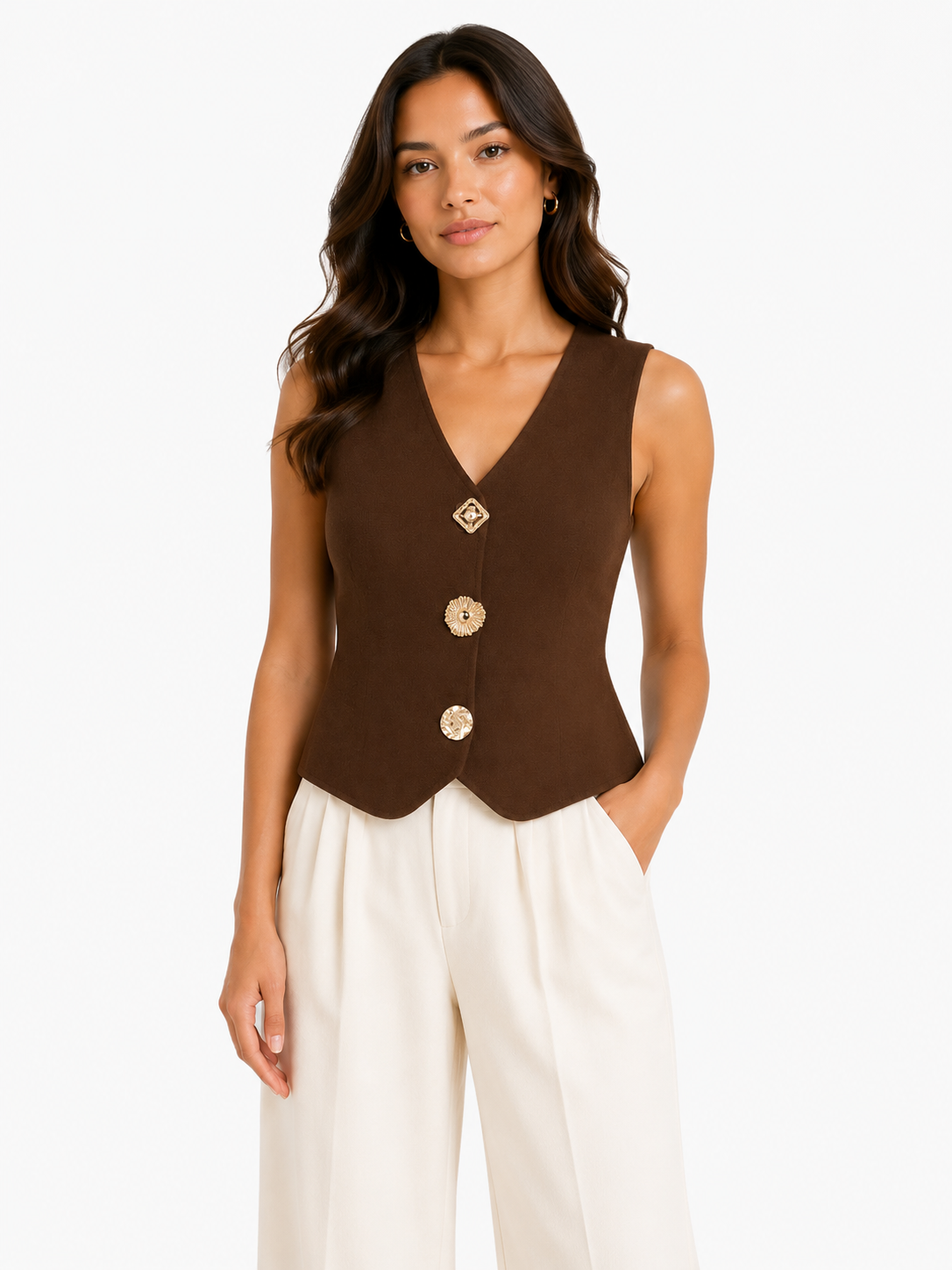 Elegant brown button knit vest