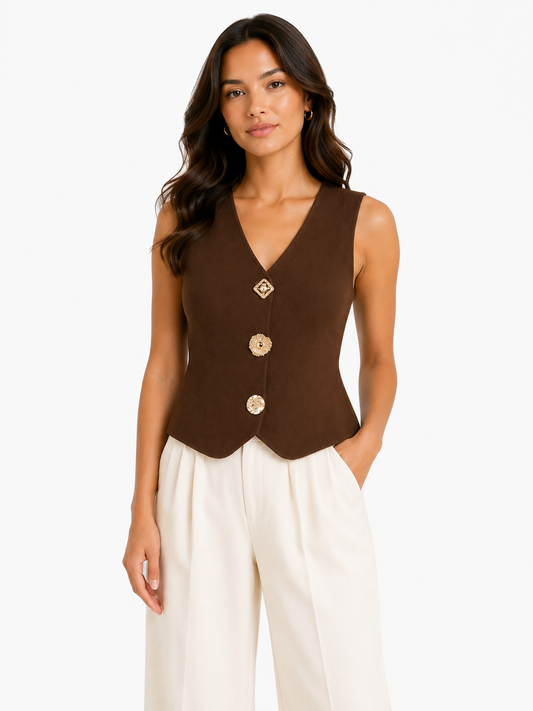 Elegant brown button knit vest