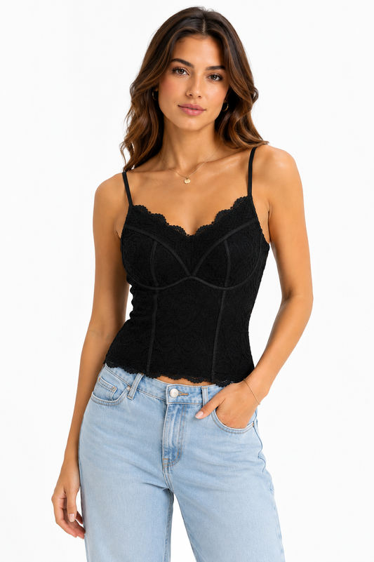 Black floral lace corset cami top
