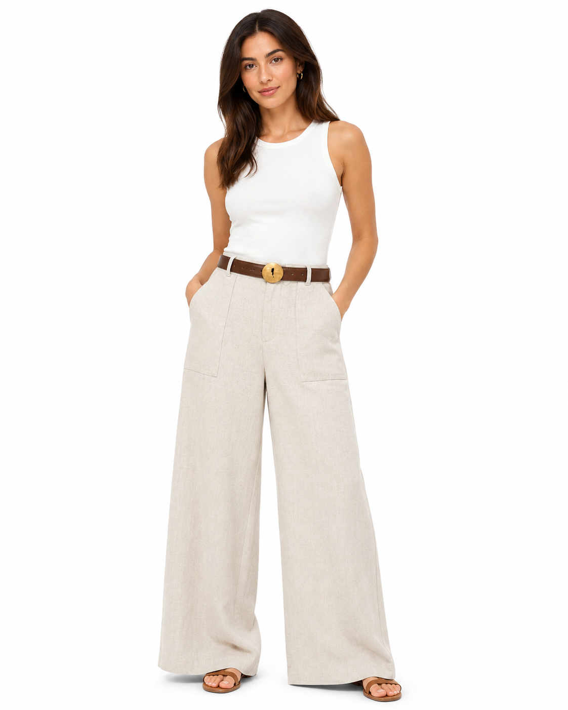 Women’s Beige Linen Wide-Leg Trousers with Belt