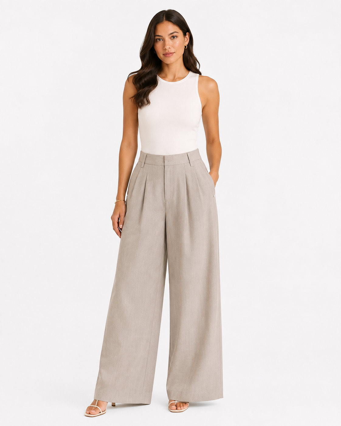 Women’s Taupe Pleated Wide-Leg Trousers