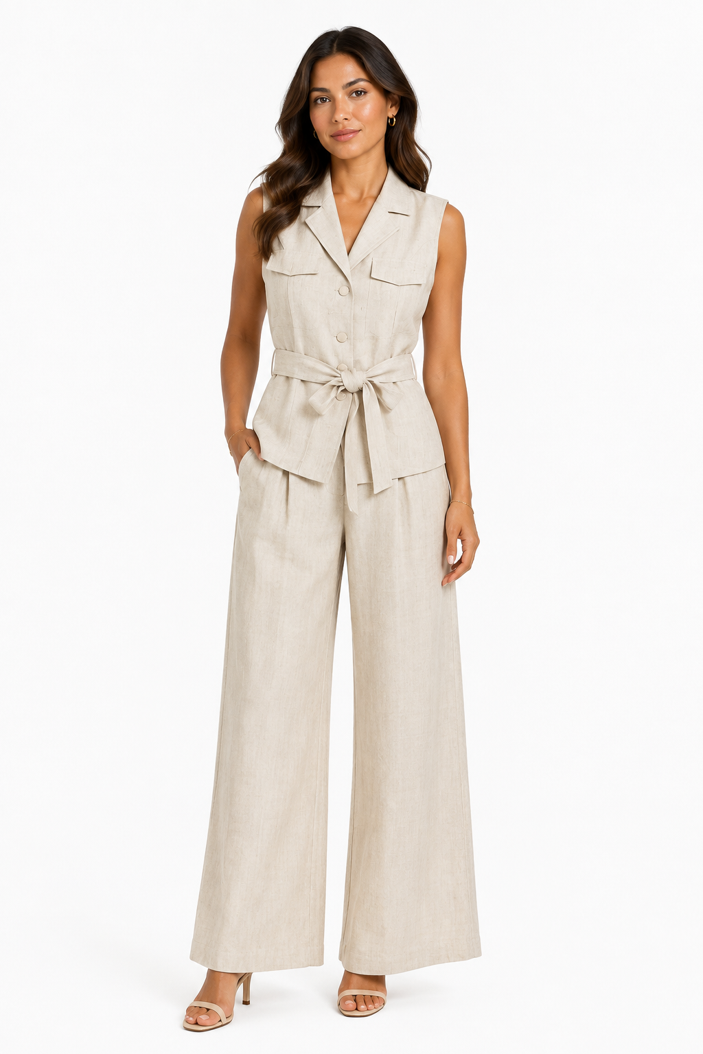 Women’s Beige Linen Belted Vest & Wide-Leg Pants Set