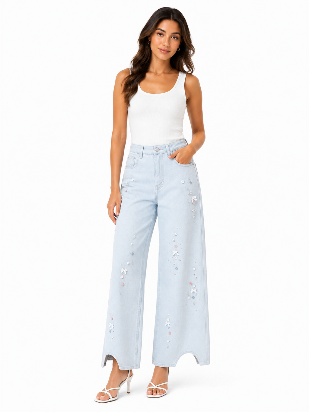 Embellished wide-leg denim pants-light blue