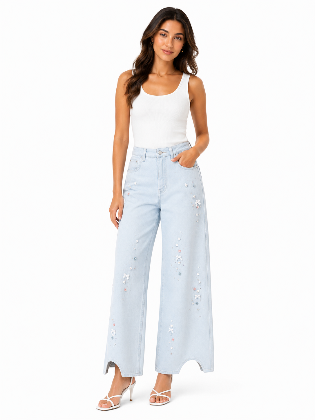 Embellished wide-leg denim pants-light blue