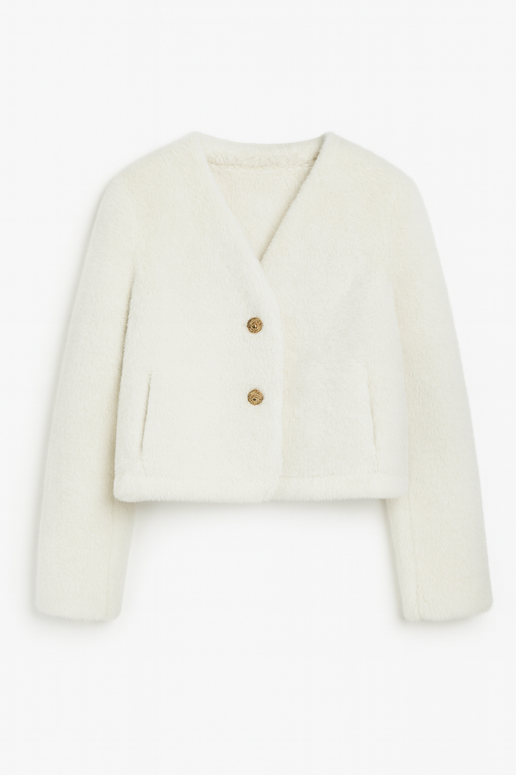 Cream Faux Fur Cropped Jacket with Button Detail