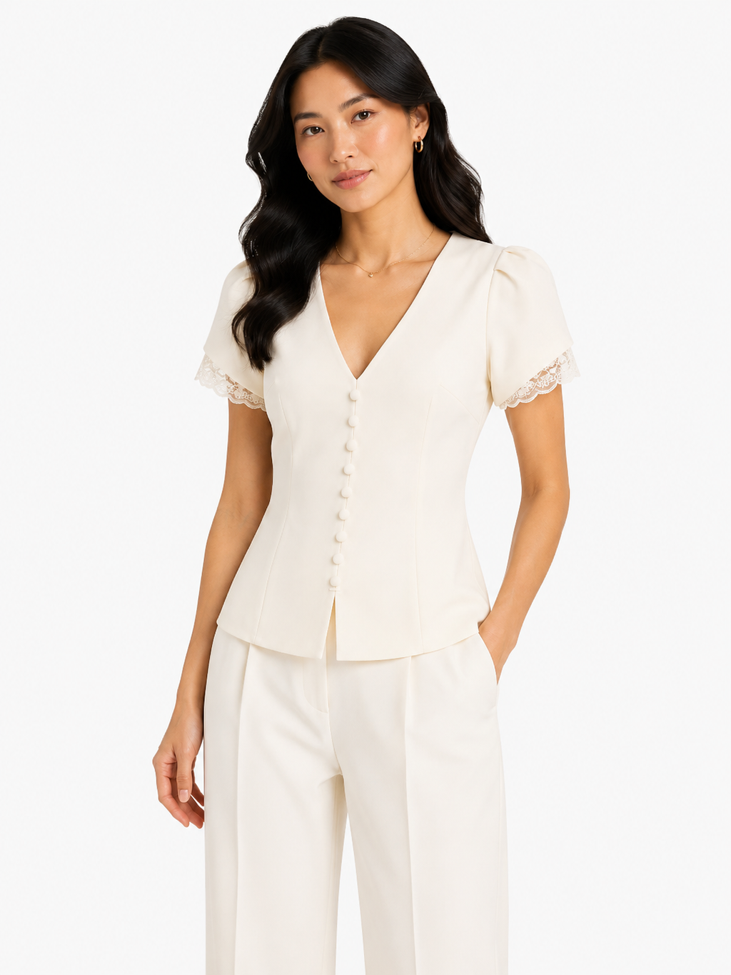 Women elegant v-neck button detsil blouse