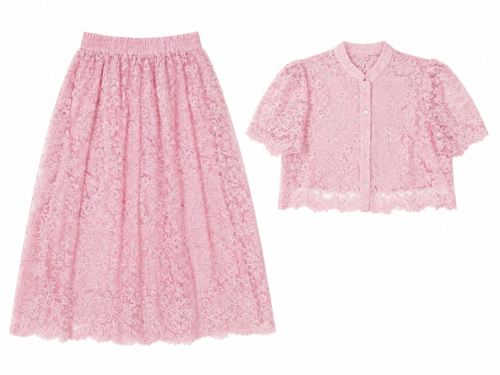 Blush pink floral lace skirt & cropped blouse set