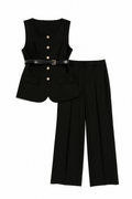 Sleeveless Blazer and Wide-Leg Trouser Set with Belt