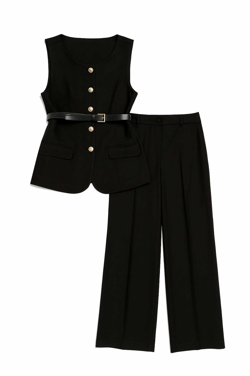 Sleeveless Blazer and Wide-Leg Trouser Set with Belt