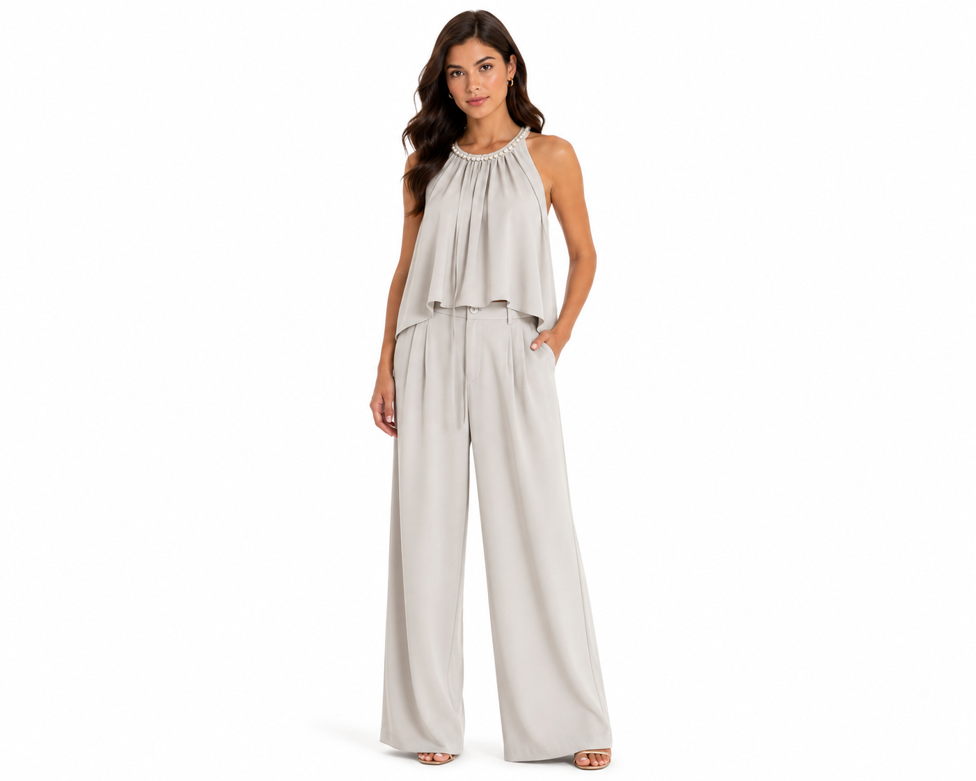 Pearl neck halter top& wide-leg pants set