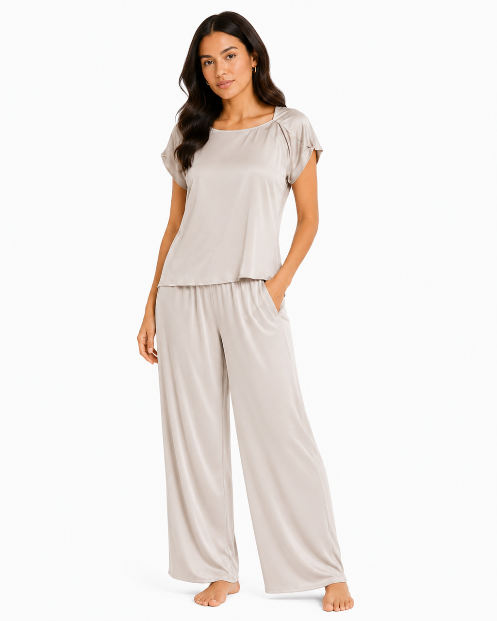 Women’s Beige Satin Top & Wide-Leg Pants Set