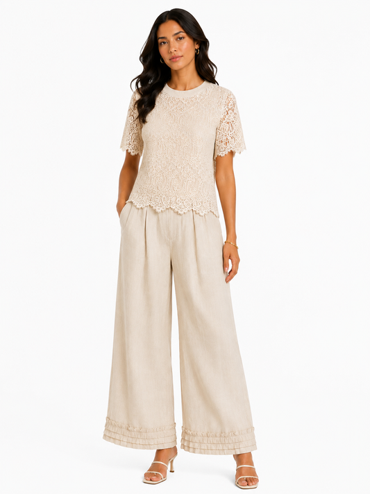 Women’s Beige Floral Lace Short-Sleeve Top