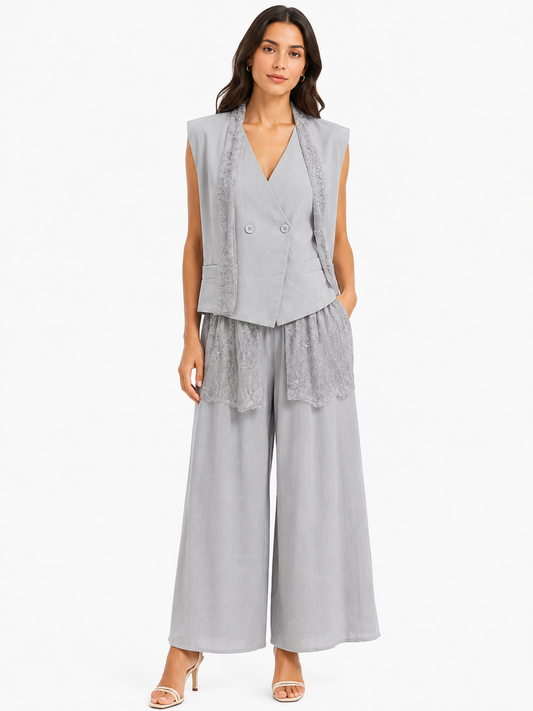 Women’s Light Gray Lace Vest & Wide-Leg Pants Set