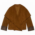 Camel Suede Wrap Jacket with Wide Collar and Leather Cuffs