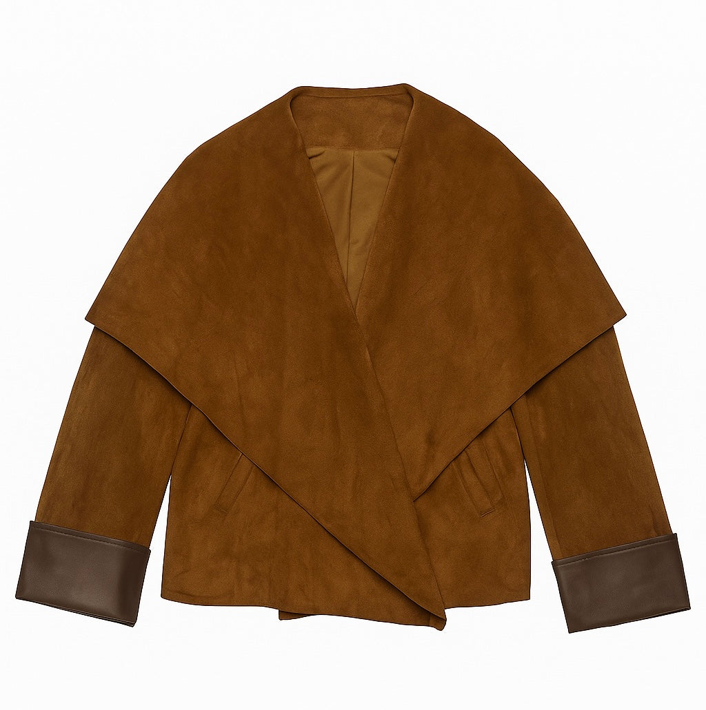 Camel Suede Wrap Jacket with Wide Collar and Leather Cuffs