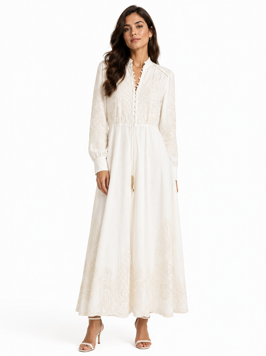 Women’s elegant ivory embroidered maxi dress