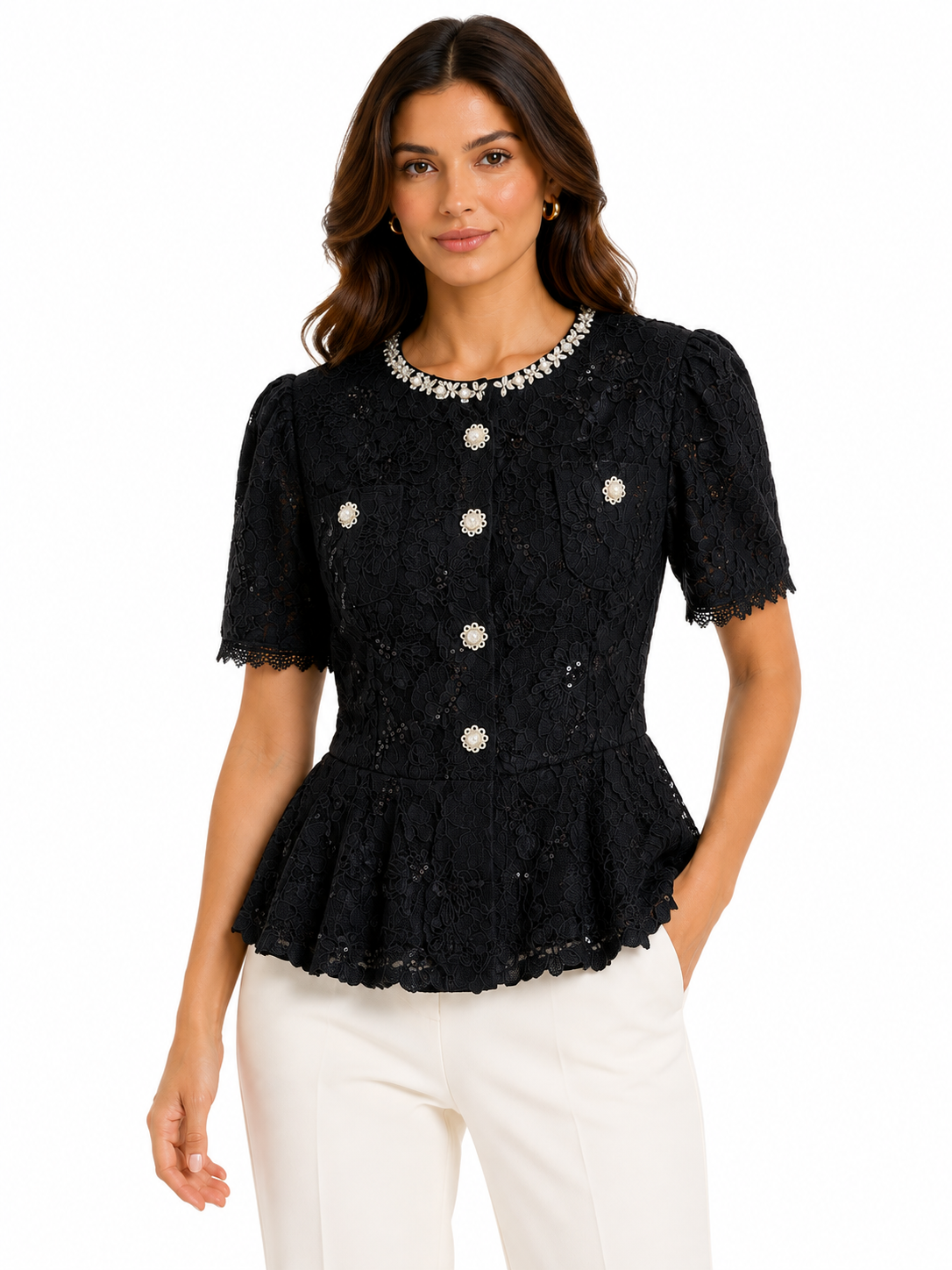 Black embellished lace peplum blouse