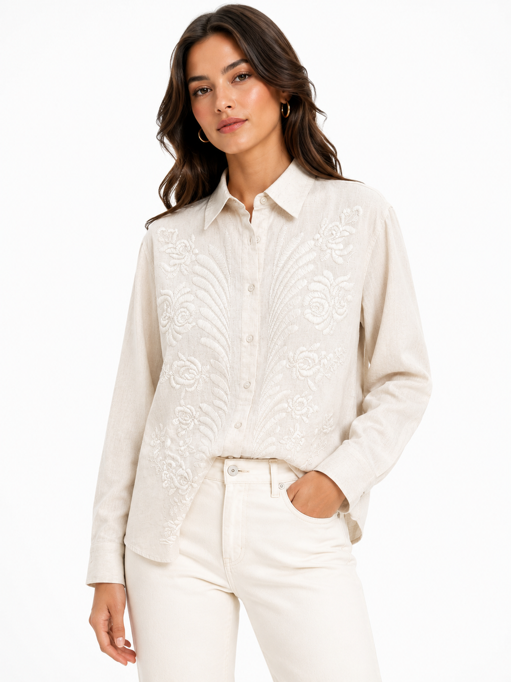Ivory embroidered linen shirt