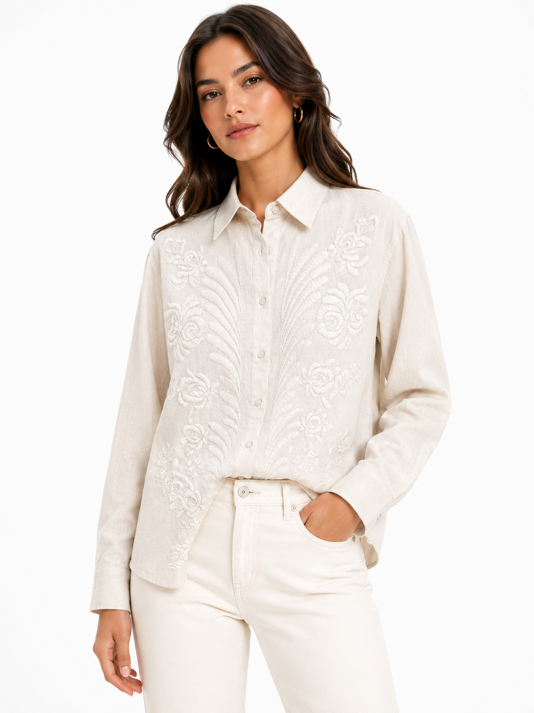 Ivory embroidered linen shirt
