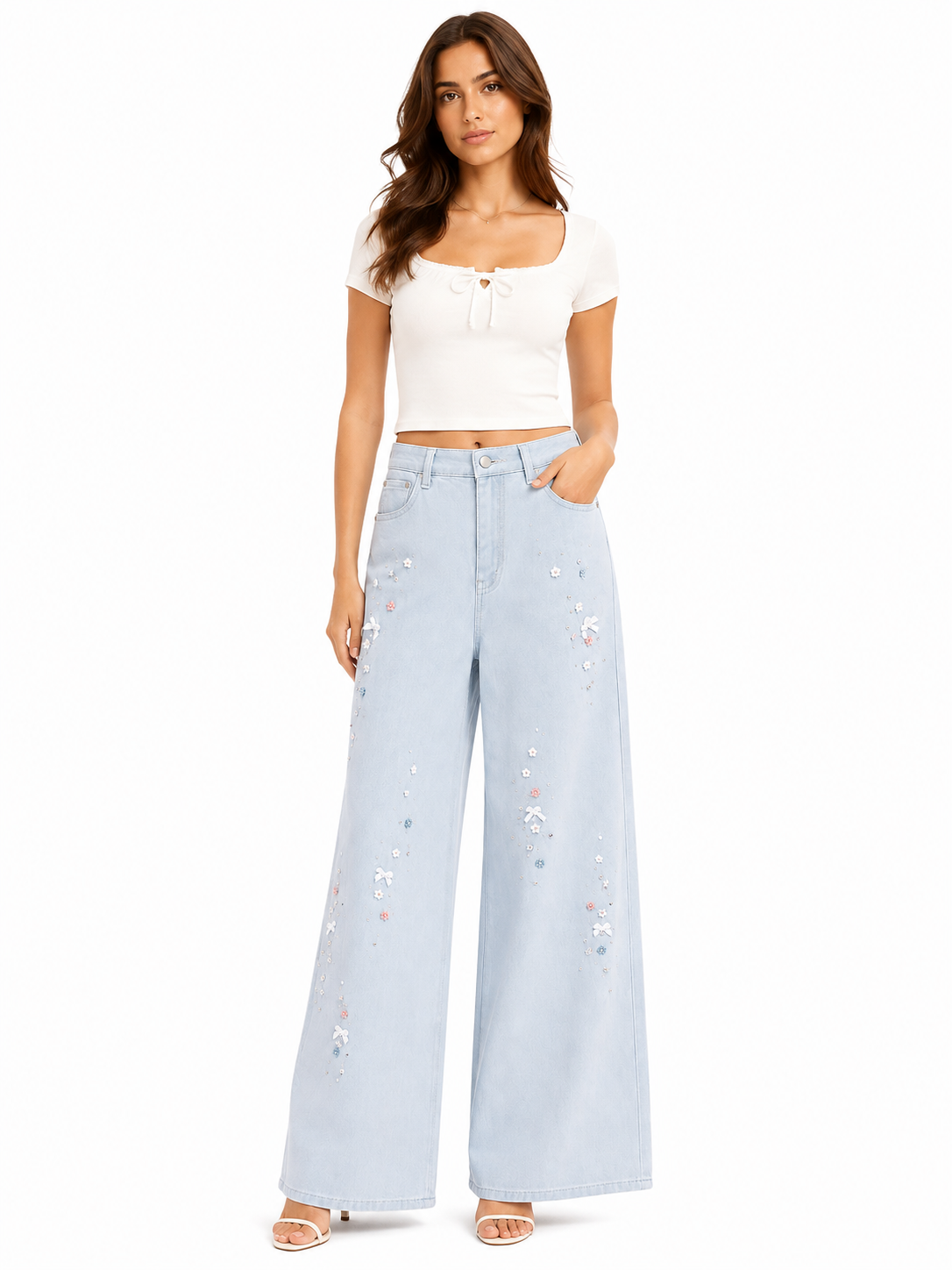 Embellished wide-leg denim pants-light blue