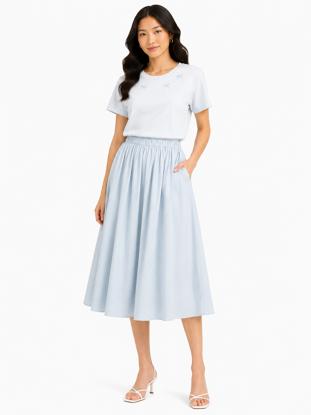 Women light blue bow embroidered oversized t-shirt