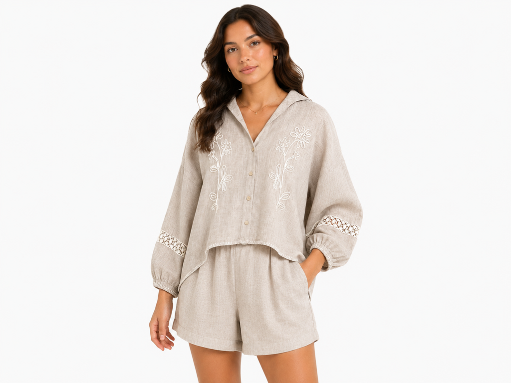 Women beige floral embroidered line blouse