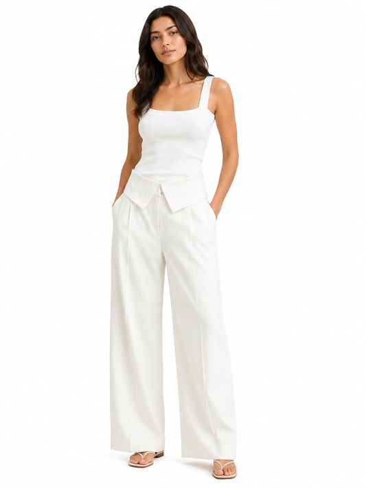 Ivory fold-over wide-leg pants