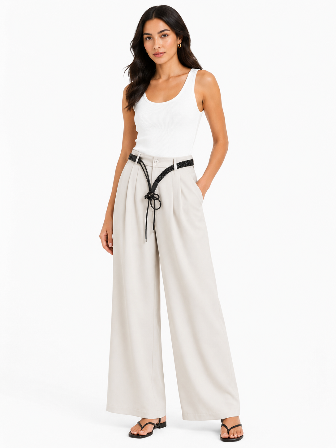 Women’s Beige Wide-Leg Trousers with Braided Belt