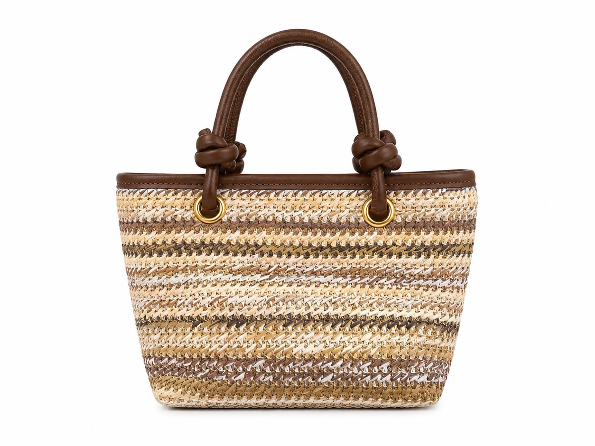 raffia mini tote bag with brown leather handles