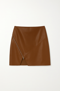 Brown Faux Leather Mini Skirt with Asymmetric Zipper Detail