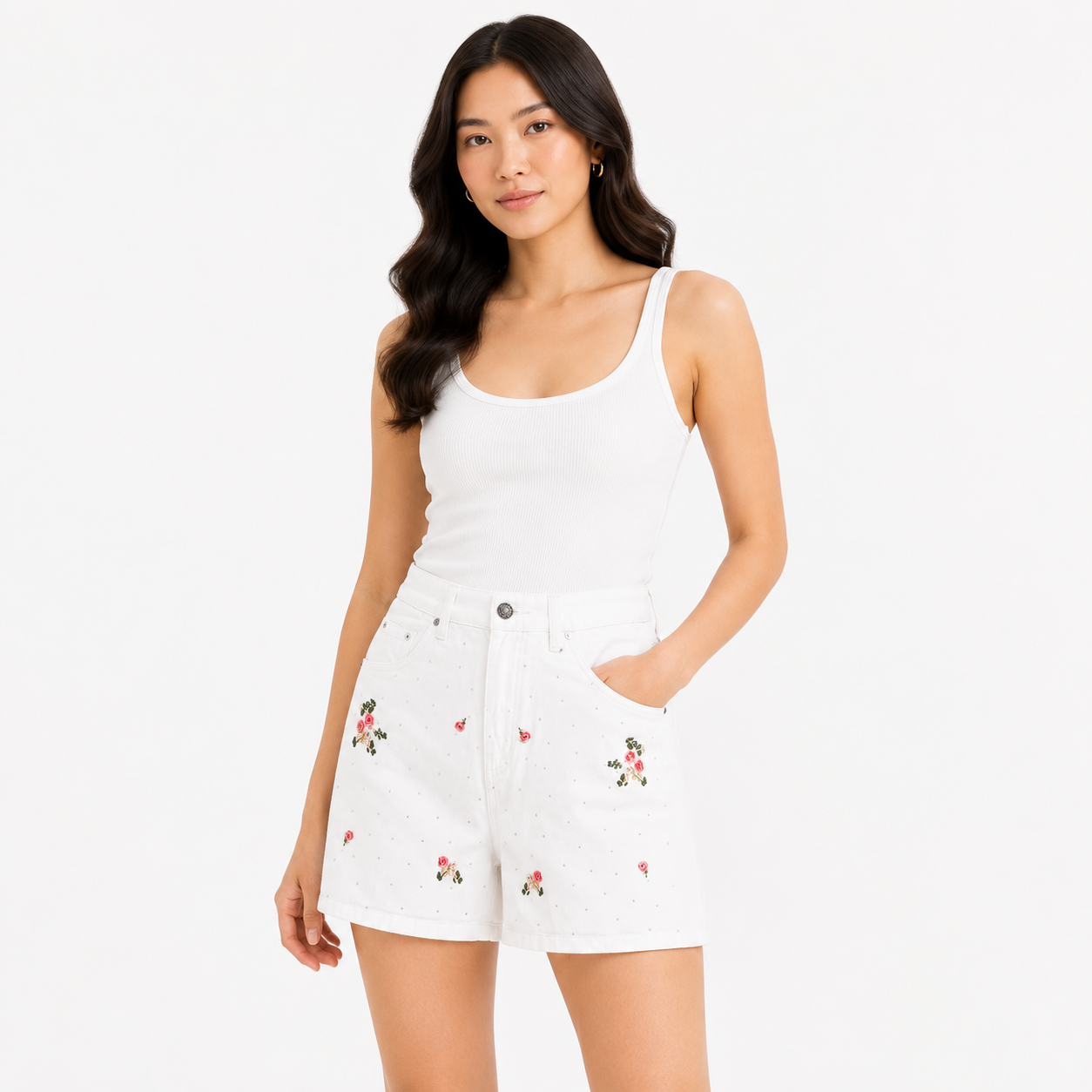 Women white floral embroidered denim mini skirt
