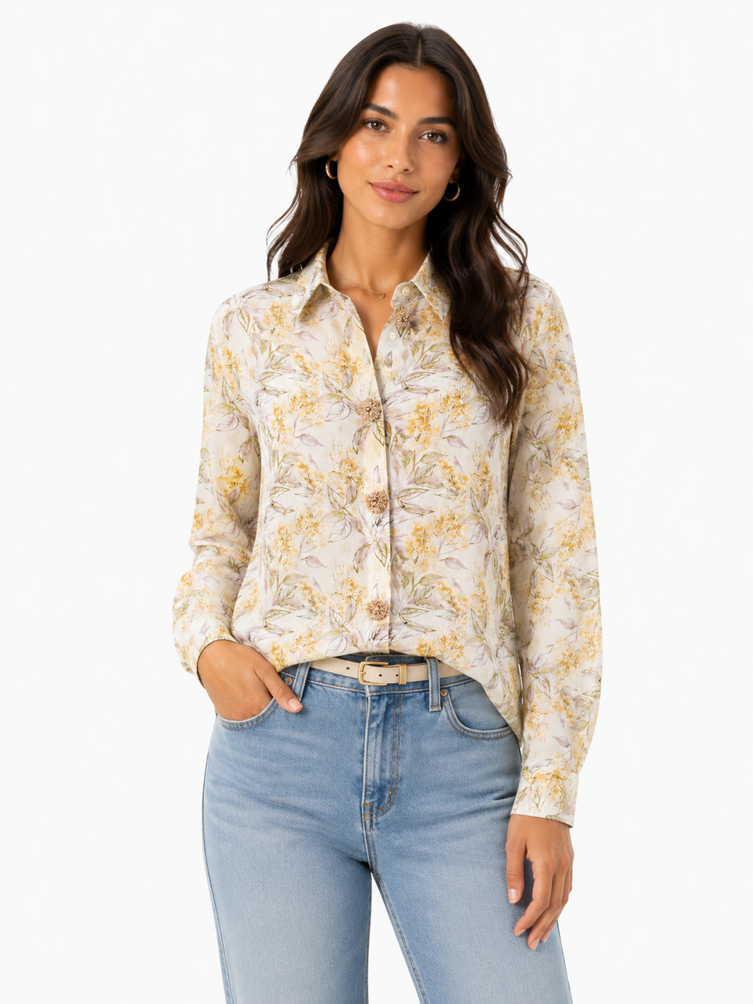 Women botanical print button-up blouse