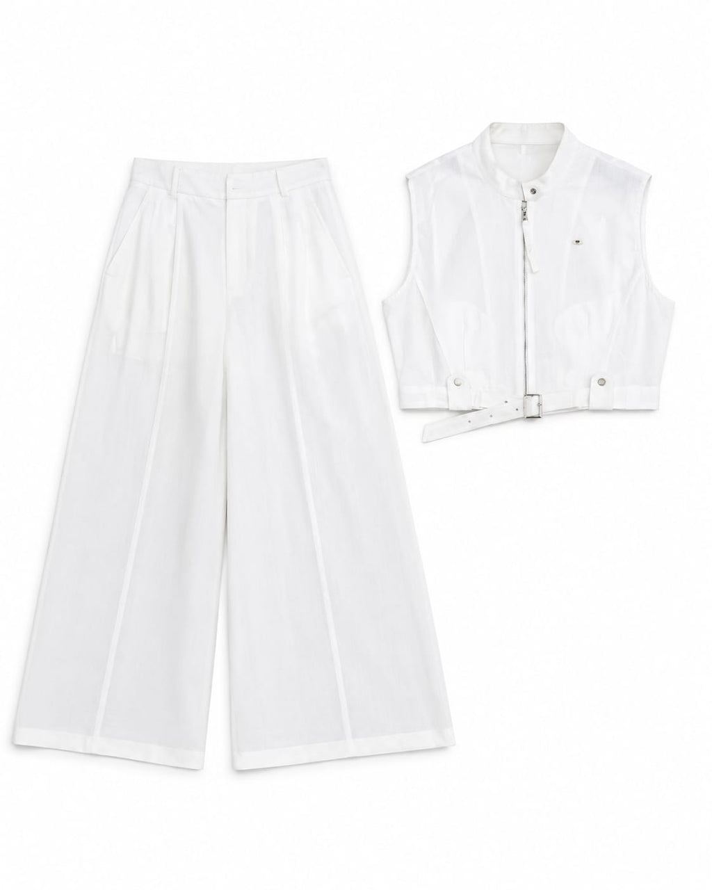 White Cropped Utility Vest & Wide-Leg Trouser Set